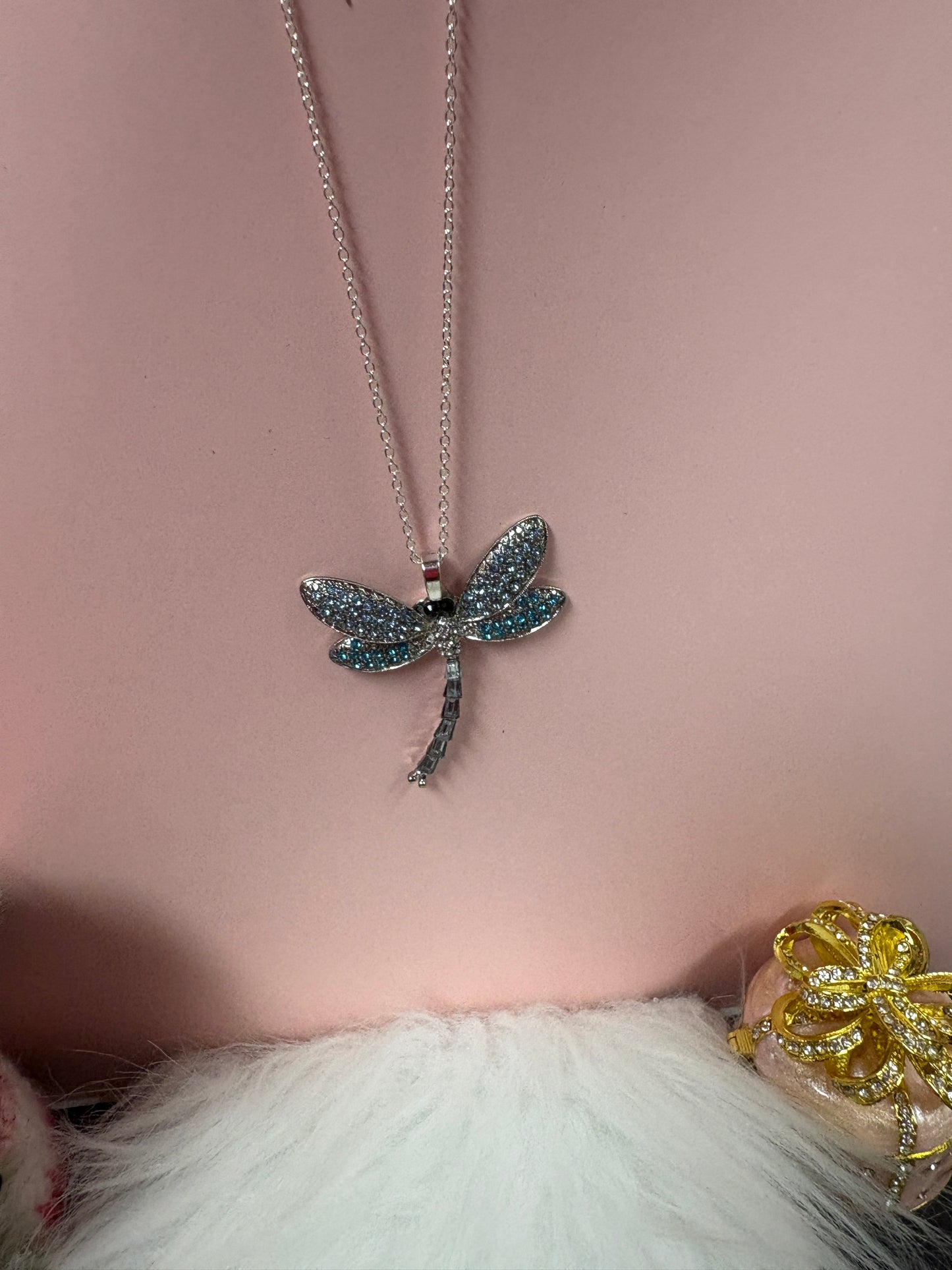 Sparkling Dragonfly Pendant Necklace on Silver Chain – 16"