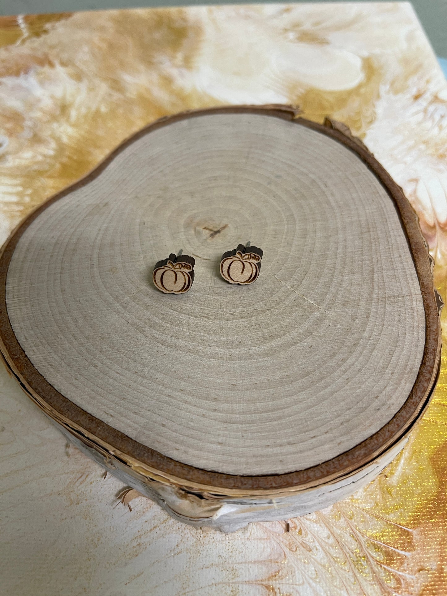 Wooden Pumpkin Stud Earrings