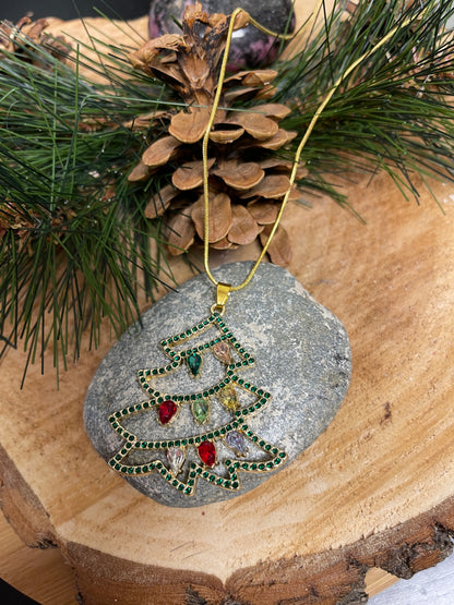 Christmas Bling-Tree Pendant on a Gold chain Necklace