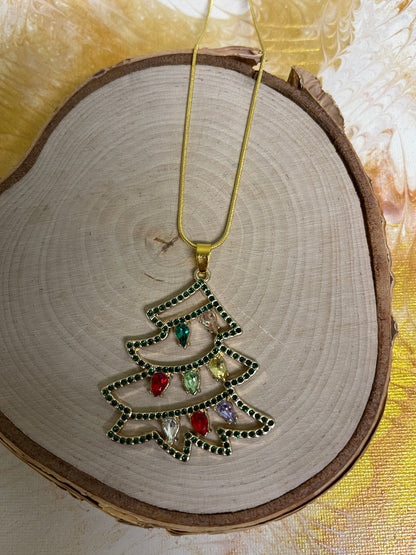 Christmas Bling-Tree Pendant on a Gold chain Necklace