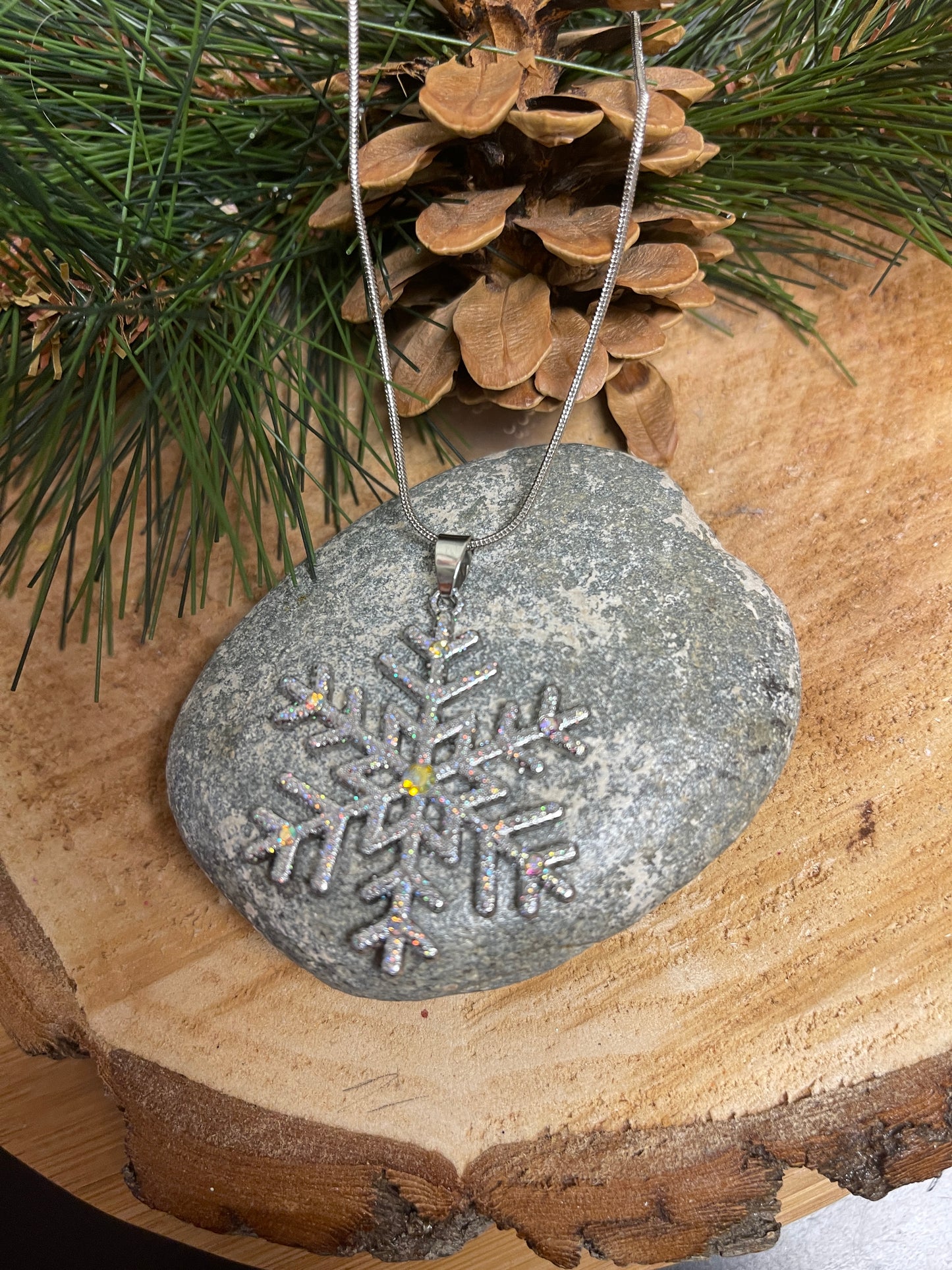 Glitter Snowflake Pendant on a Silver chain Necklace