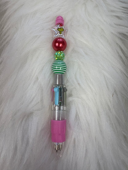 🎄 Grinch-Inspired Beaded Gift Set – Keychain, Bracelet & Beadable Multicolor Ink Pen Bundle
