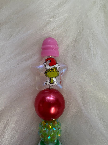 🎄 Grinch-Inspired Beaded Gift Set – Keychain, Bracelet & Beadable Multicolor Ink Pen Bundle
