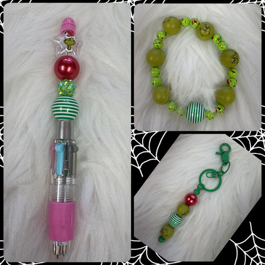 🎄 Grinch-Inspired Beaded Gift Set – Keychain, Bracelet & Beadable Multicolor Ink Pen Bundle