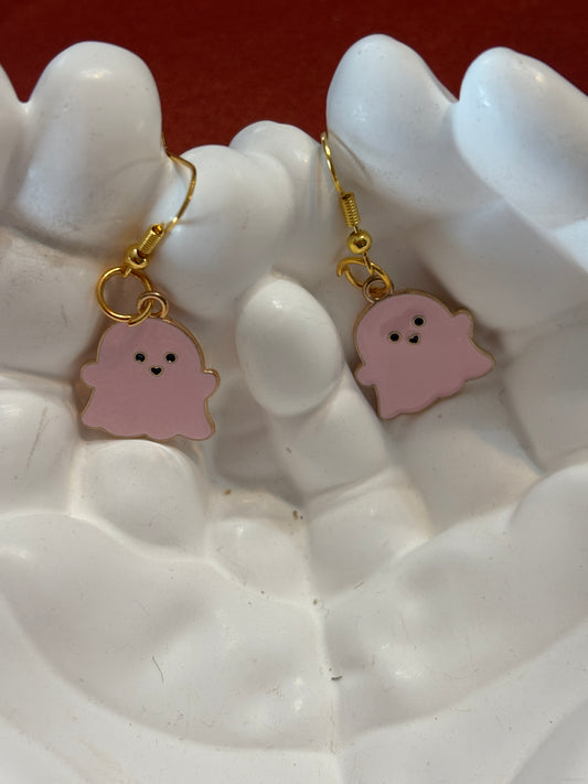 Pink Ghost Enamel Wire Earrings