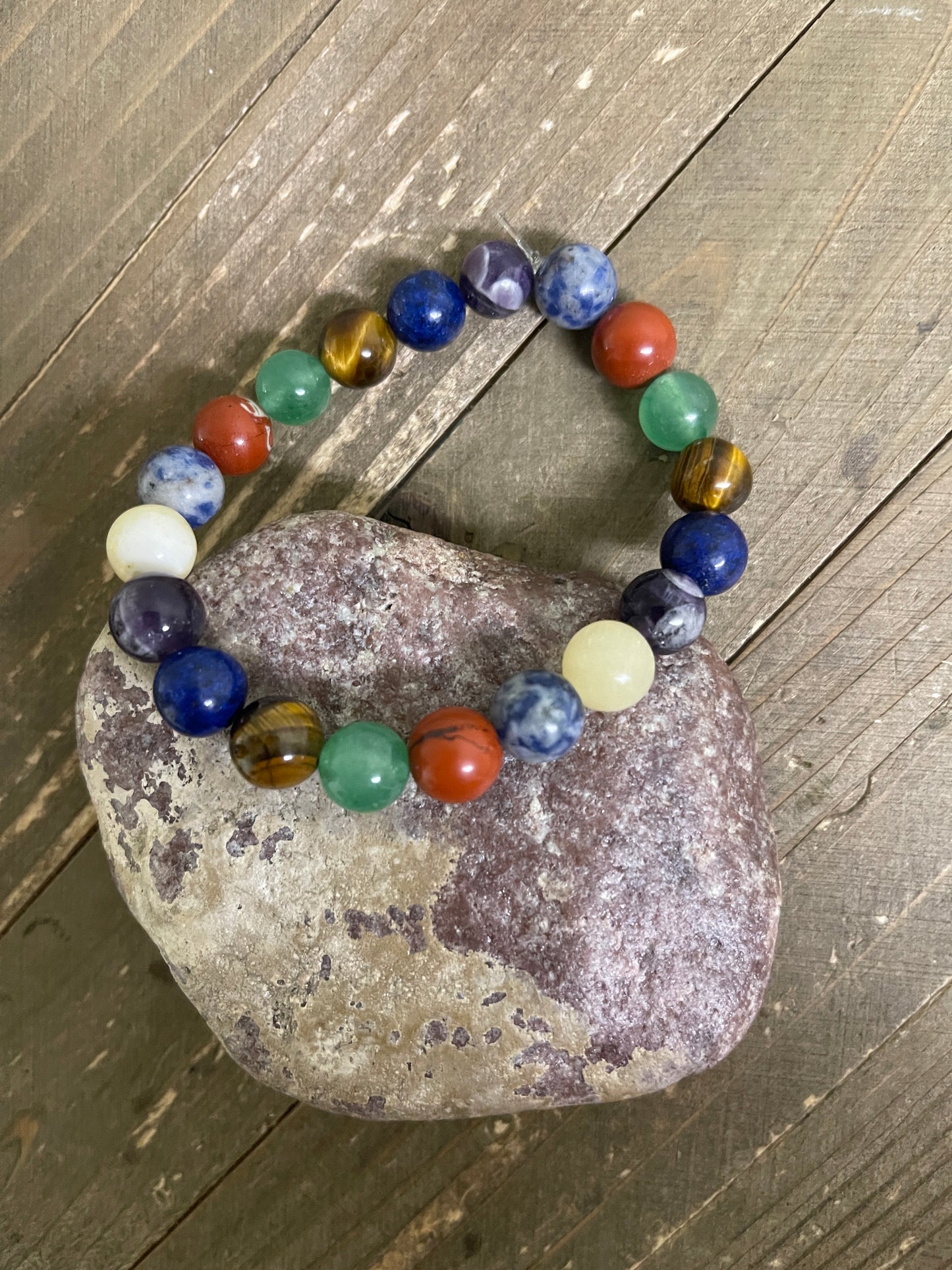 Chakra  Natural Stone 7 Multicolor Round Beaded  Elastic/Stretch Bracelet