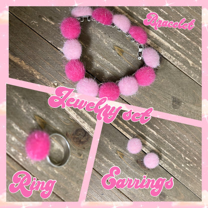 Shades of Pink Faux Fur Jewelry: bracelet, Ring & earrings (stud)