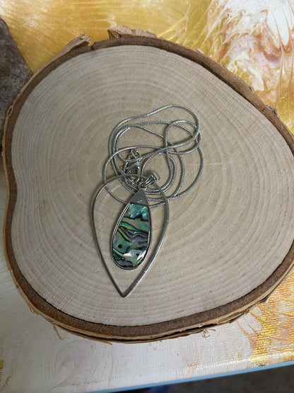 Silver Teardrop Pendant With Iridescent Blue Swirl on a Silver chain Necklace