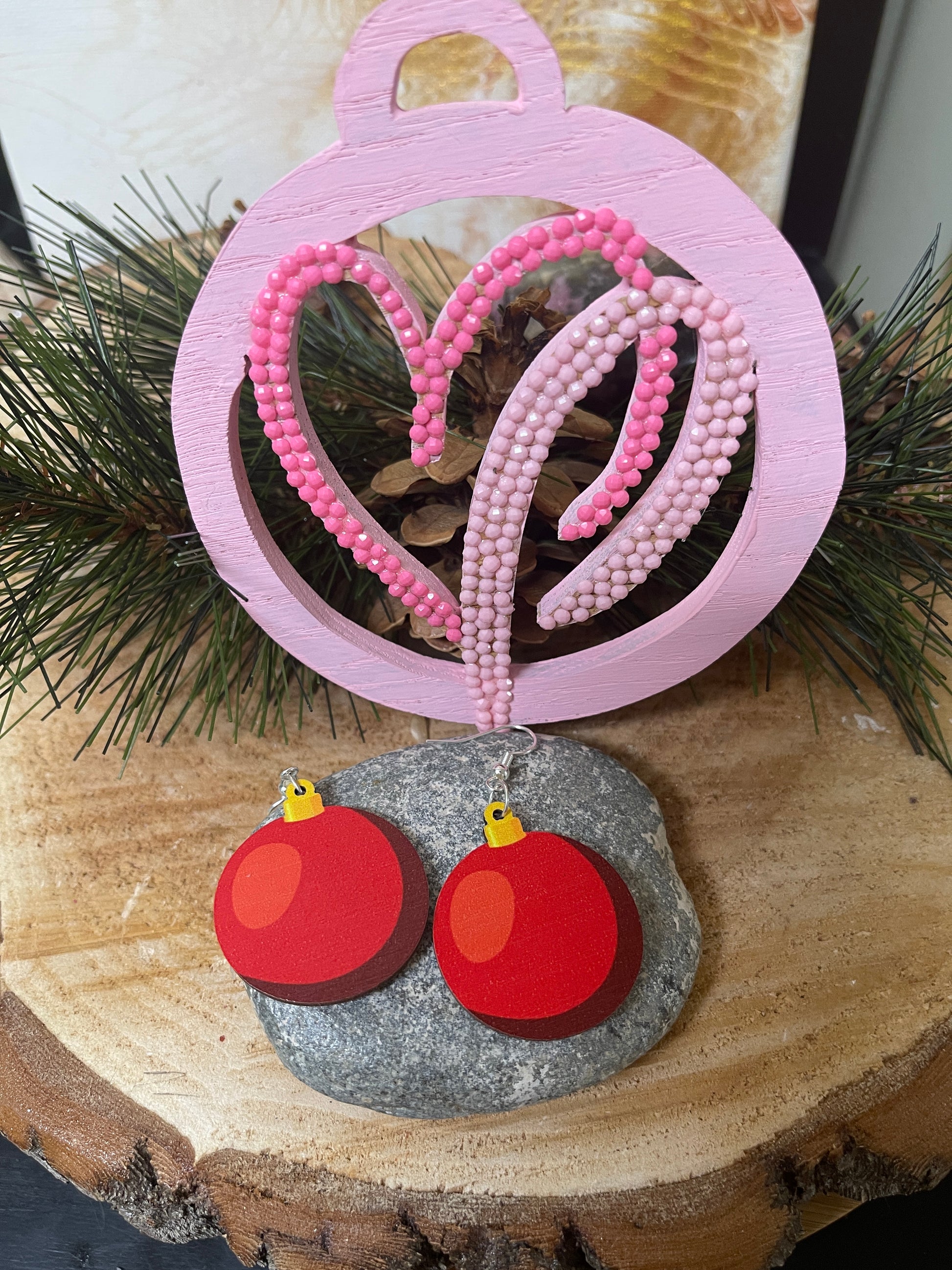 Wooden Christmas Ornament Wire EarringsPink tiful of LOVE