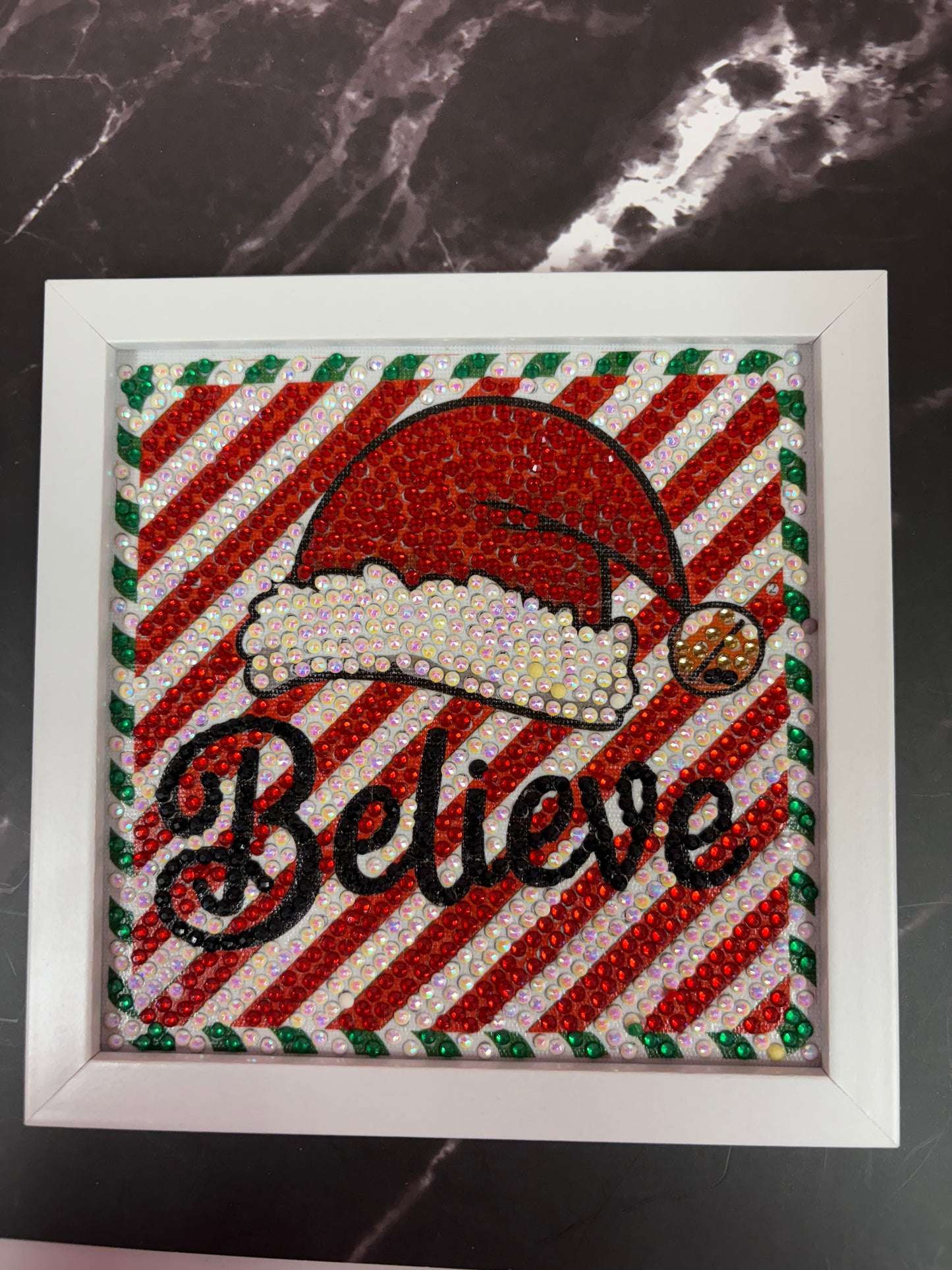 Christmas Diamond Art Wall Décor – “Believe” Candy Cane Sparkle Sign (Frameless Glass)