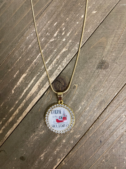 Gnome; Holiday Gnome Cabochon; adorable Pendant; gold chain NecklacePink tiful of LOVE