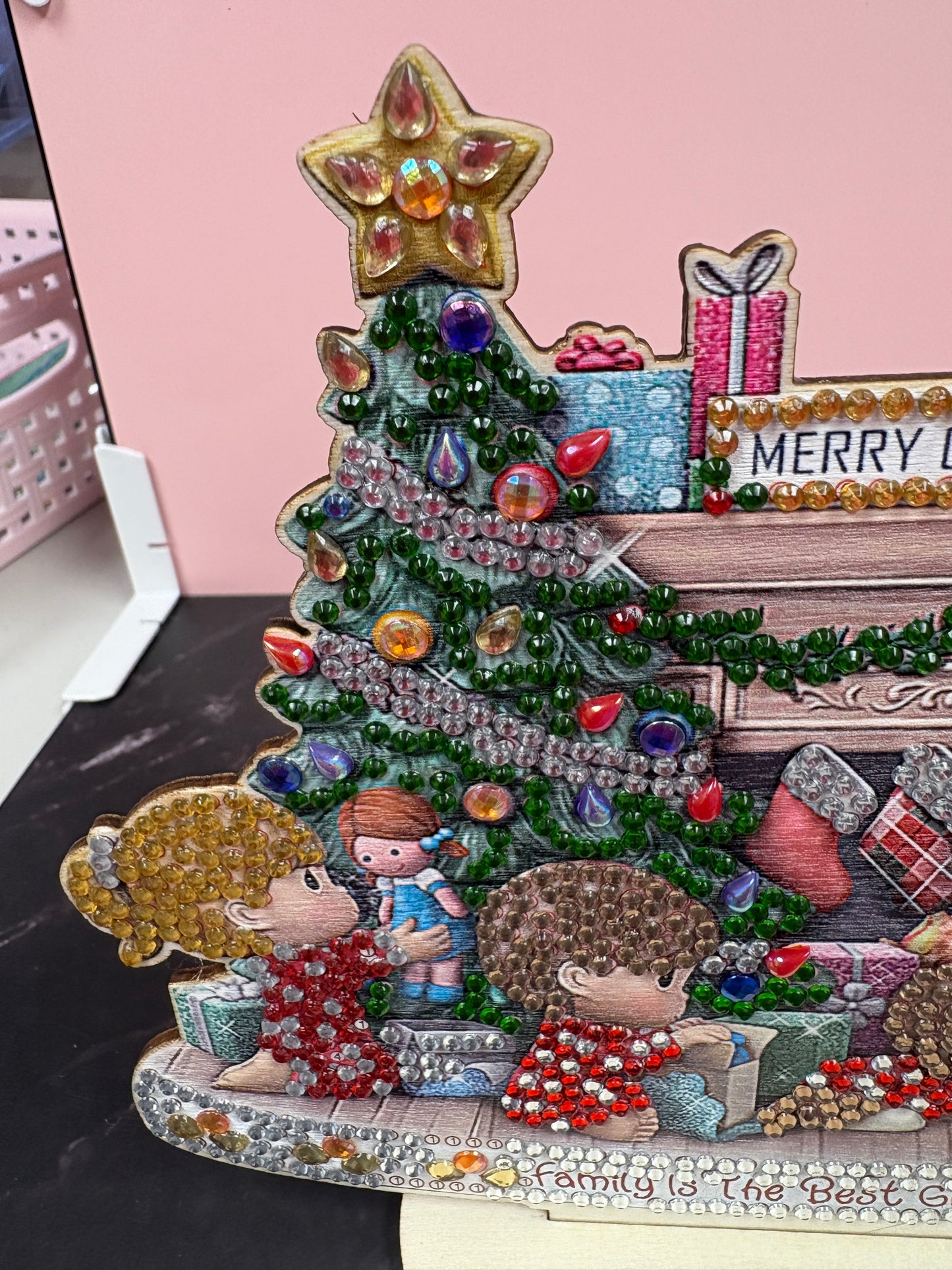 Diamond Art Christmas Table Display – “Family Is the Best Gift of All” (Wooden Base)