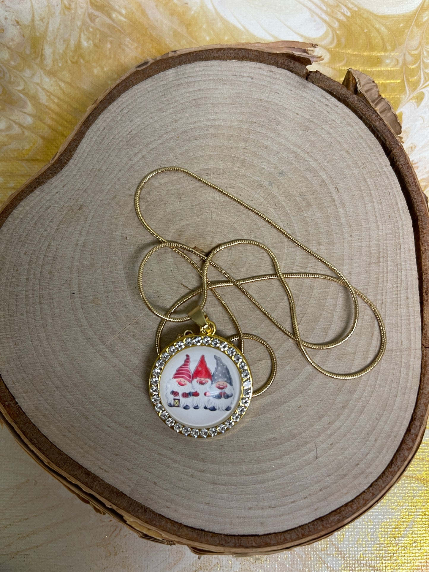 Gnome for the Holiday; charming gnome Cabochon Pendant; Gold chain NecklacePink tiful of LOVE