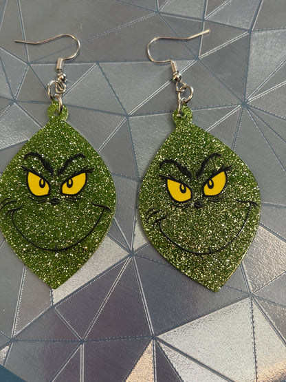 Grinch Face Glitter Earrings – Sparkly Green Holiday Dangle Jewelry