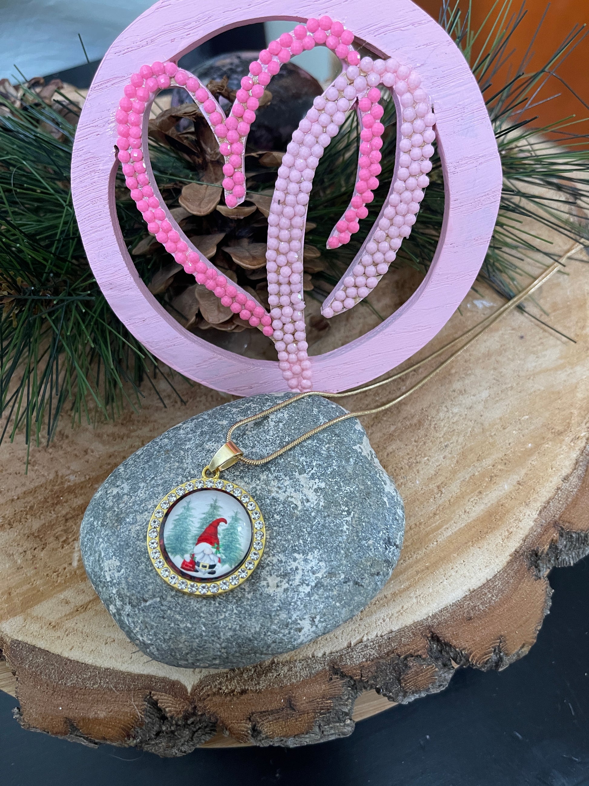 Gnome for the Holiday Cabochon Pendant on a Gold chain Necklace-3Pink tiful of LOVE
