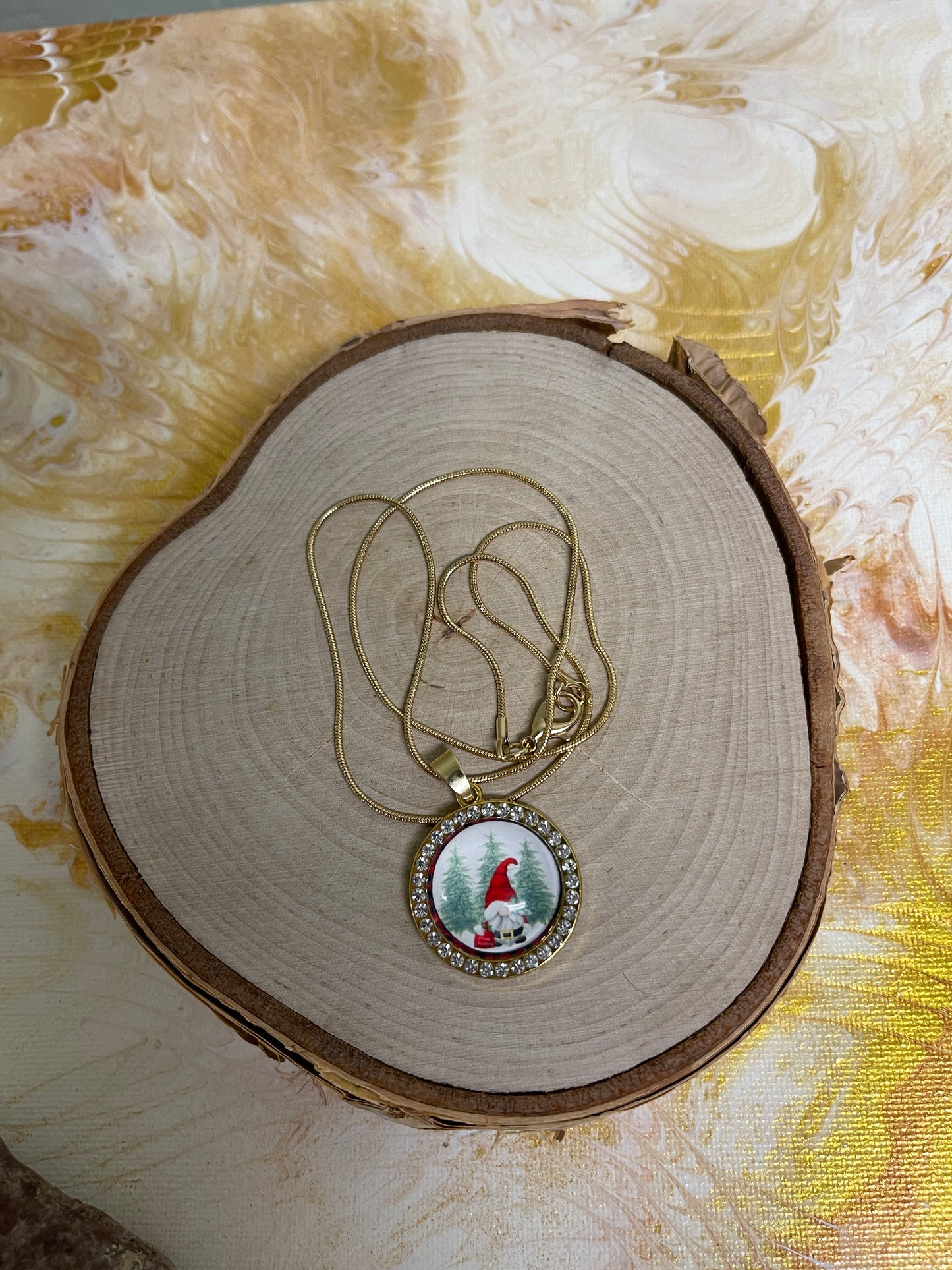 Gnome for the Holiday Cabochon Pendant on a Gold chain Necklace-3