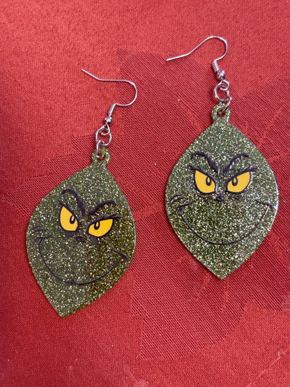 Grinch Face Glitter Earrings – Sparkly Green Holiday Dangle Jewelry