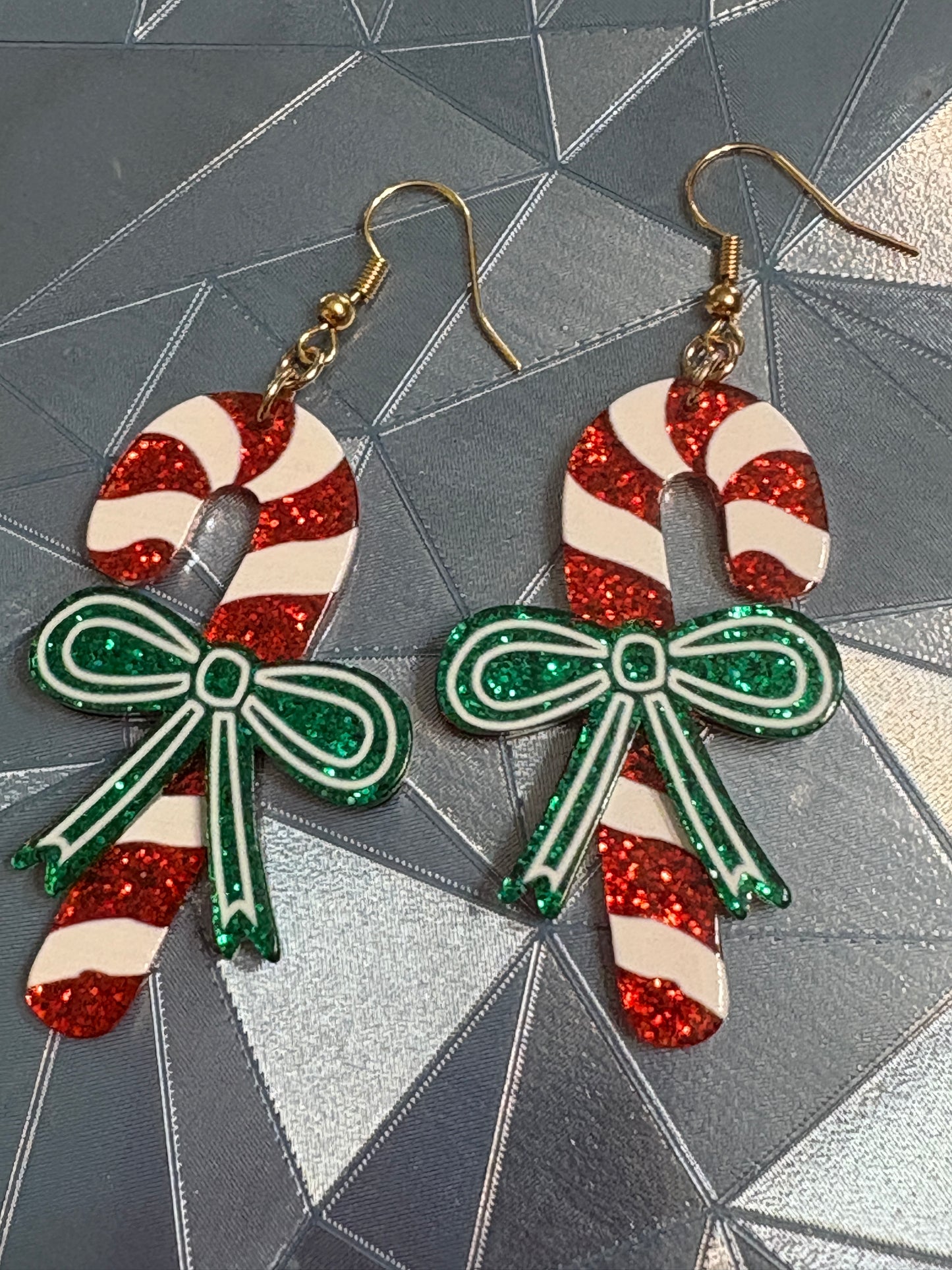 Candy Cane Bow Earrings – Red & Green Glitter Christmas Dangles