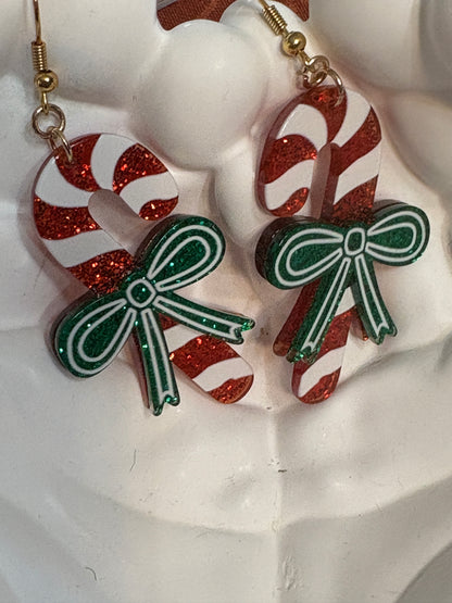 Candy Cane Bow Earrings – Red & Green Glitter Christmas Dangles