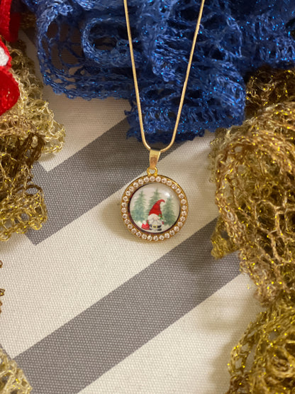 Gnome for the Holiday Cabochon Pendant on a Gold chain Necklace-3