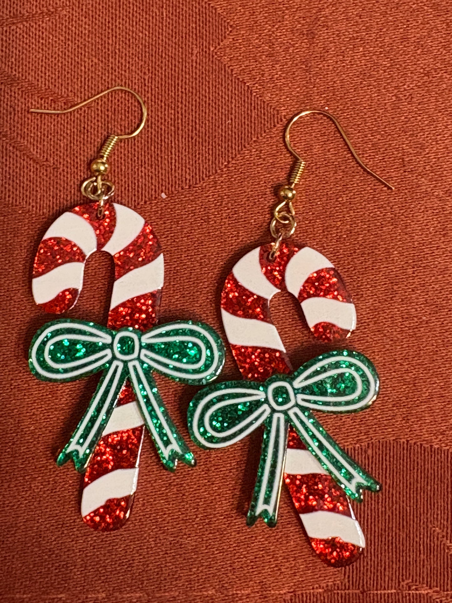 Candy Cane Bow Earrings – Red & Green Glitter Christmas Dangles