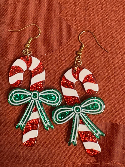 Candy Cane Bow Earrings – Red & Green Glitter Christmas Dangles