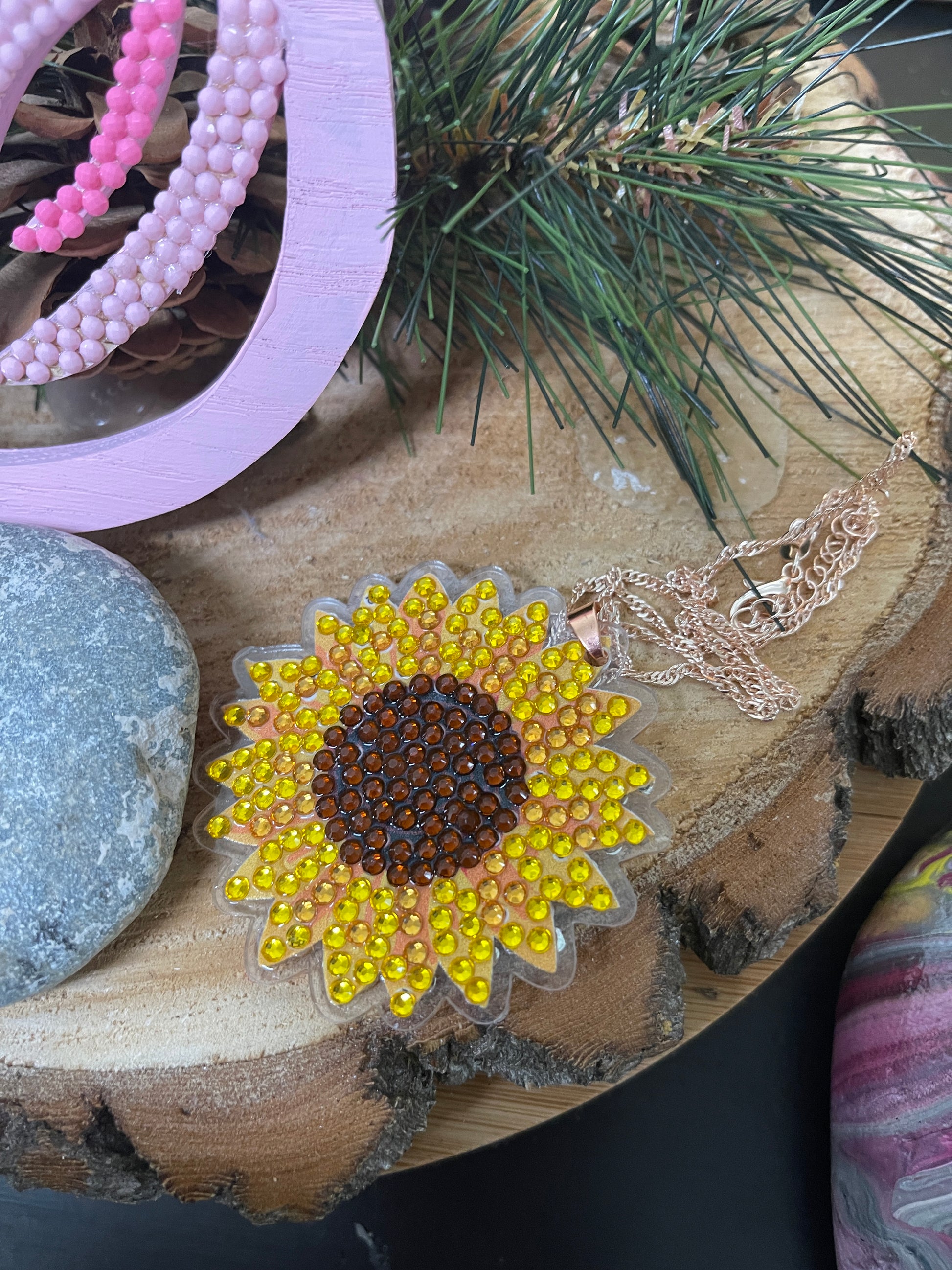 Diamond Painting Sunflower Pendant on a Rose Gold chain NecklacePink tiful of LOVE