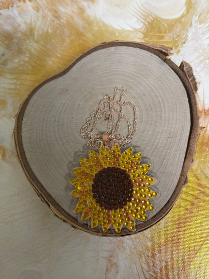 Diamond Painting Sunflower Pendant on a Rose Gold chain Necklace