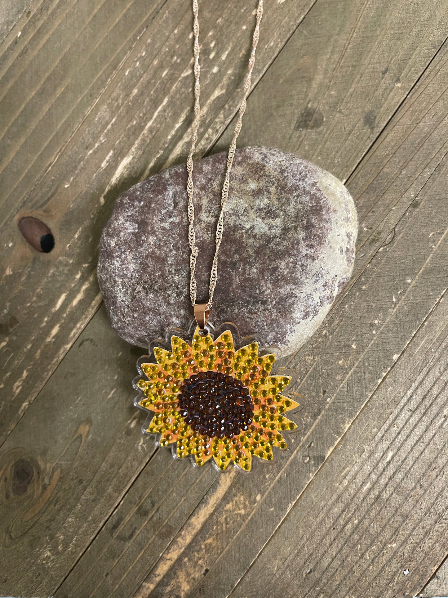 Diamond Painting Sunflower Pendant on a Rose Gold chain Necklace