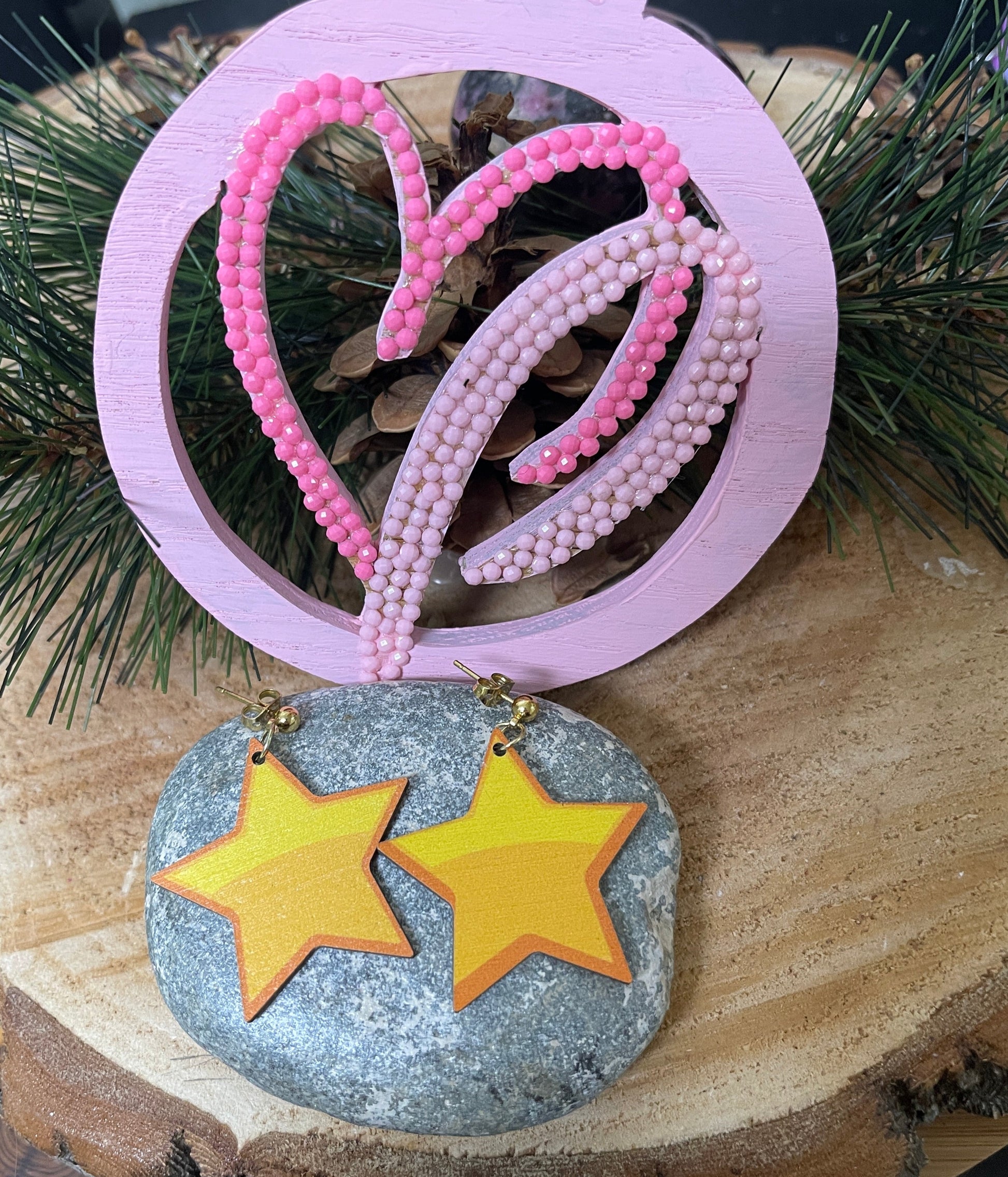 Wooden Christmas Star Ball Post EarringsPink tiful of LOVE
