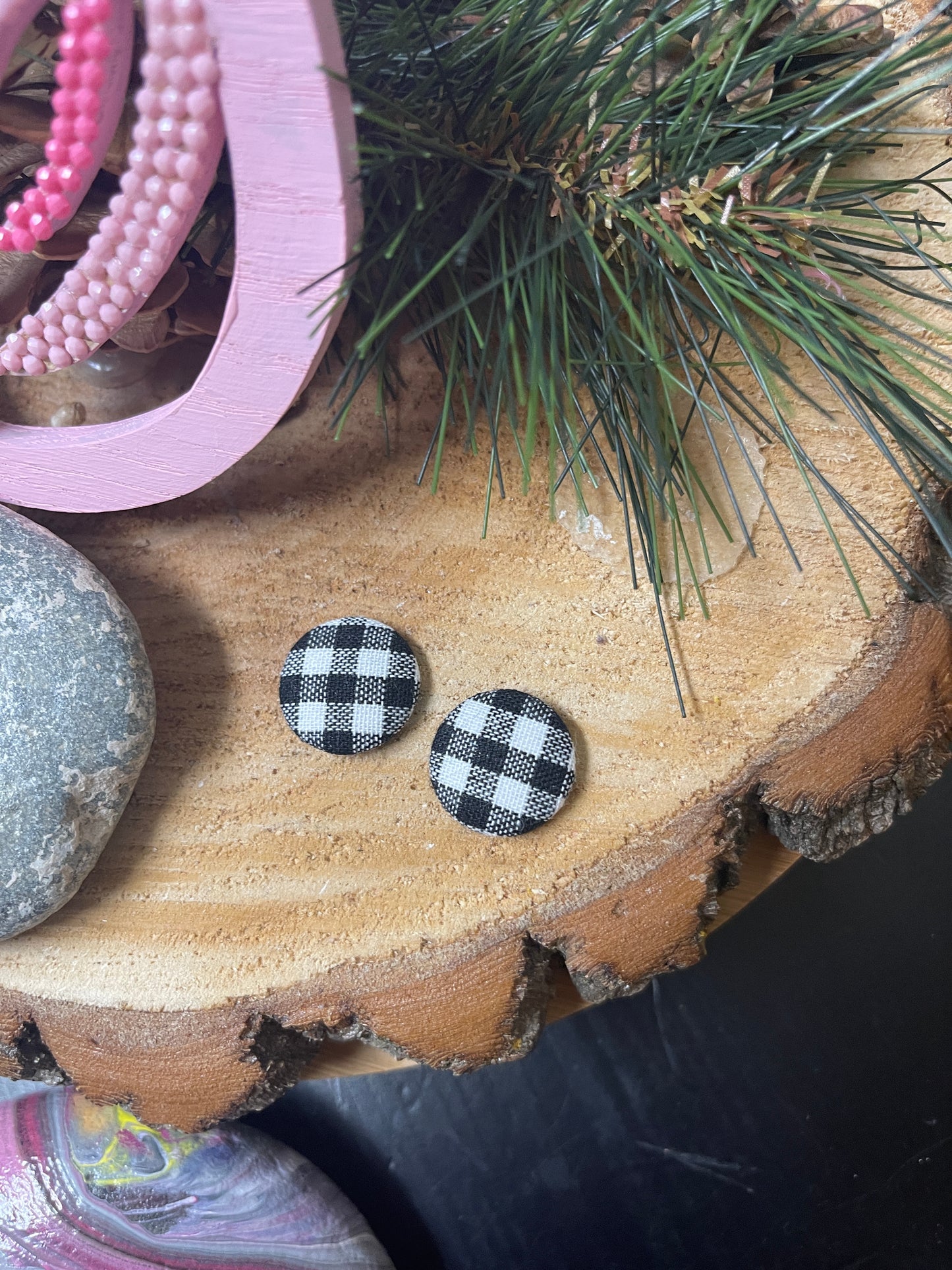 Black and White Checkered Fabric Stud  Earrings