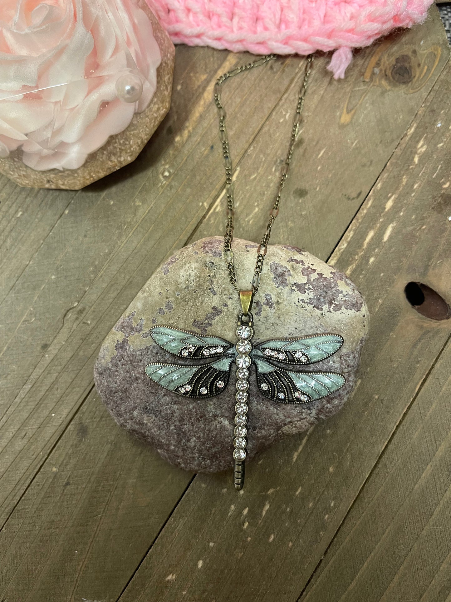 DRAGONFLY Pendant on a antique brass chain NecklacePink tiful of LOVE