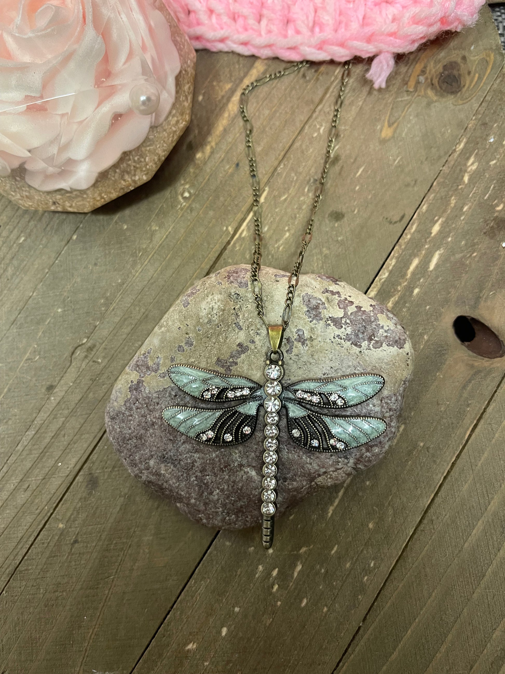 DRAGONFLY Pendant on a antique brass chain NecklacePink tiful of LOVE