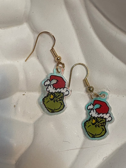 Mischievous Holiday Grinch Charm Earrings – Festive Acrylic Christmas Jewelry