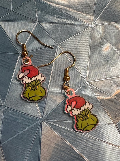 Grumpy Holiday Grinch Charm Earrings – Playful Acrylic Christmas Jewelry