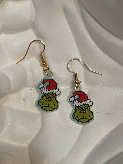 Grumpy Holiday Grinch Charm Earrings – Playful Acrylic Christmas Jewelry