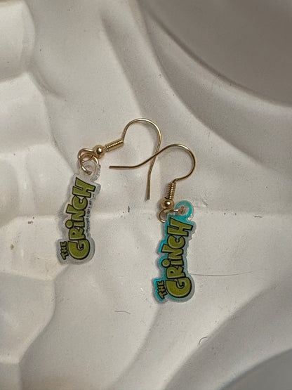 “The Grinch” Word Charm Earrings – Playful Acrylic Holiday Jewelry