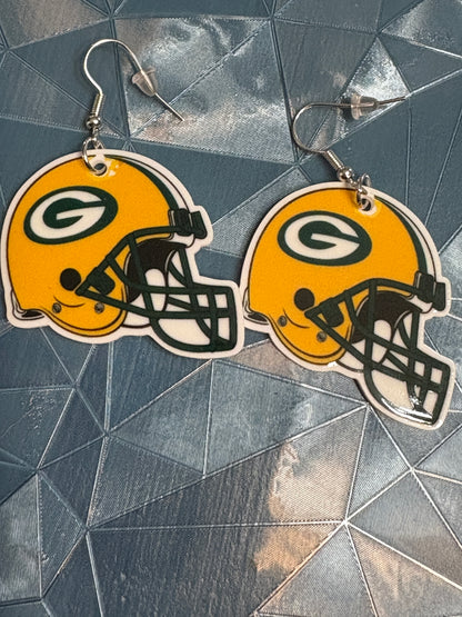 Green Bay Football Helmet Earrings – Game-Day Acrylic &amp; Stainless Steel Fan Jewelry
