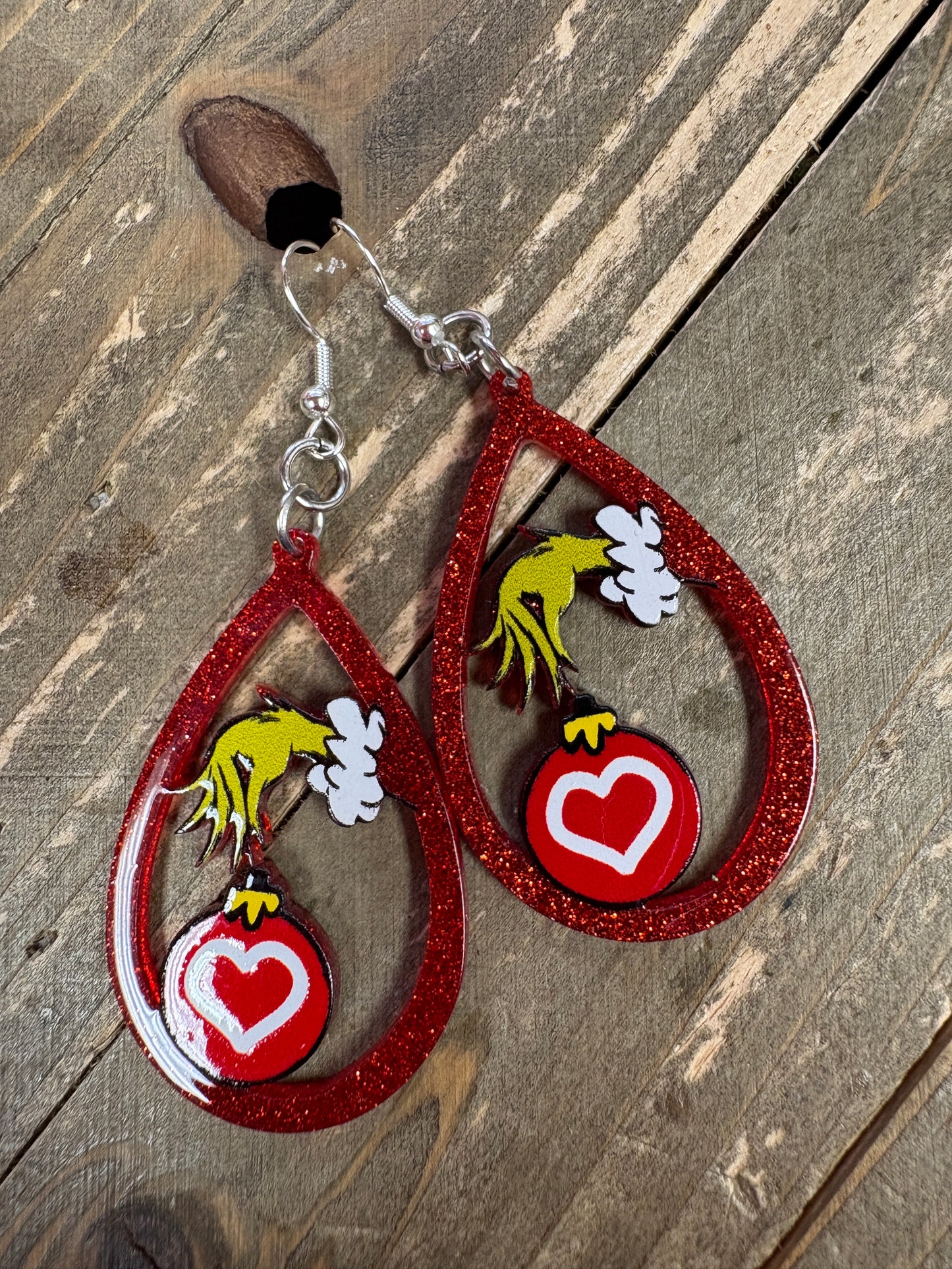 Glitter Grinch Hand Teardrop Earrings – Festive Red Holiday Ornament Jewelry