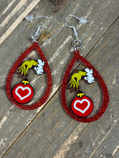 Glitter Grinch Hand Teardrop Earrings – Festive Red Holiday Ornament Jewelry