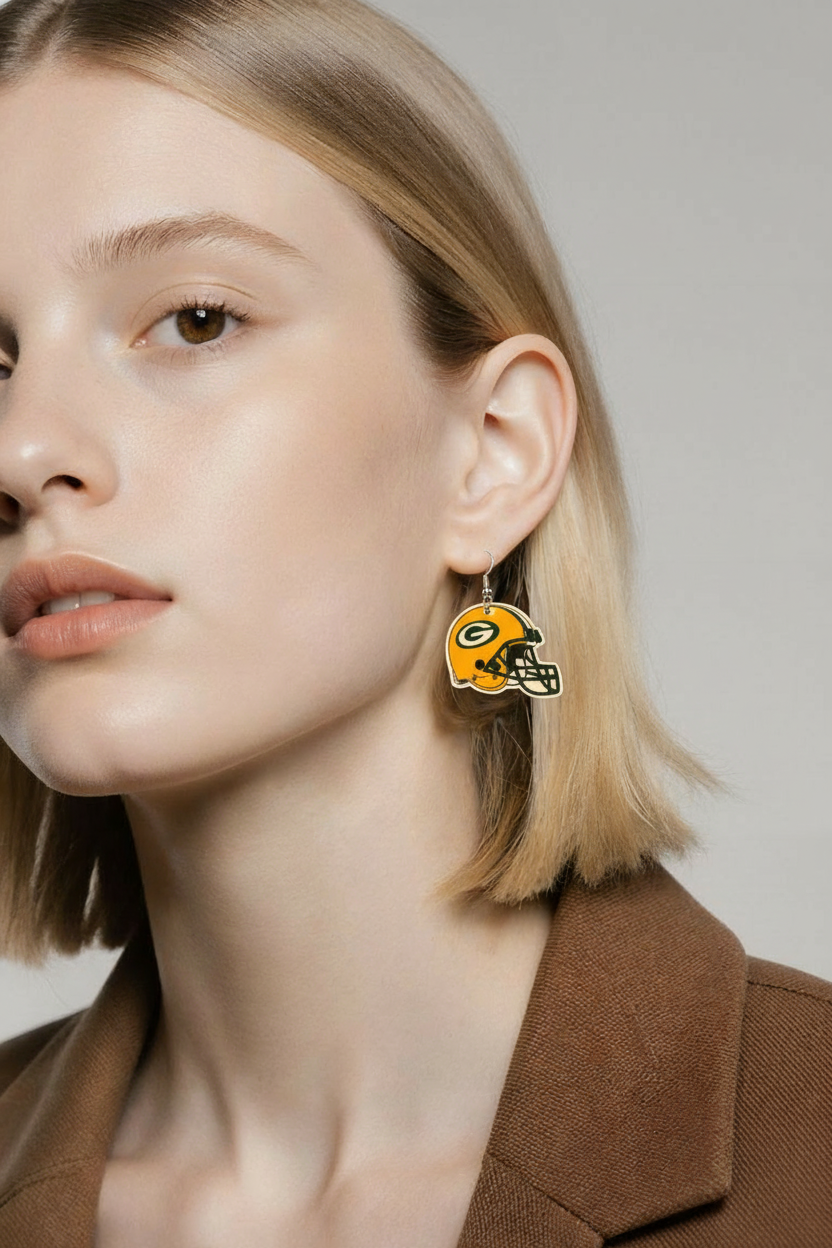 Green Bay Football Helmet Earrings – Game-Day Acrylic &amp; Stainless Steel Fan Jewelry