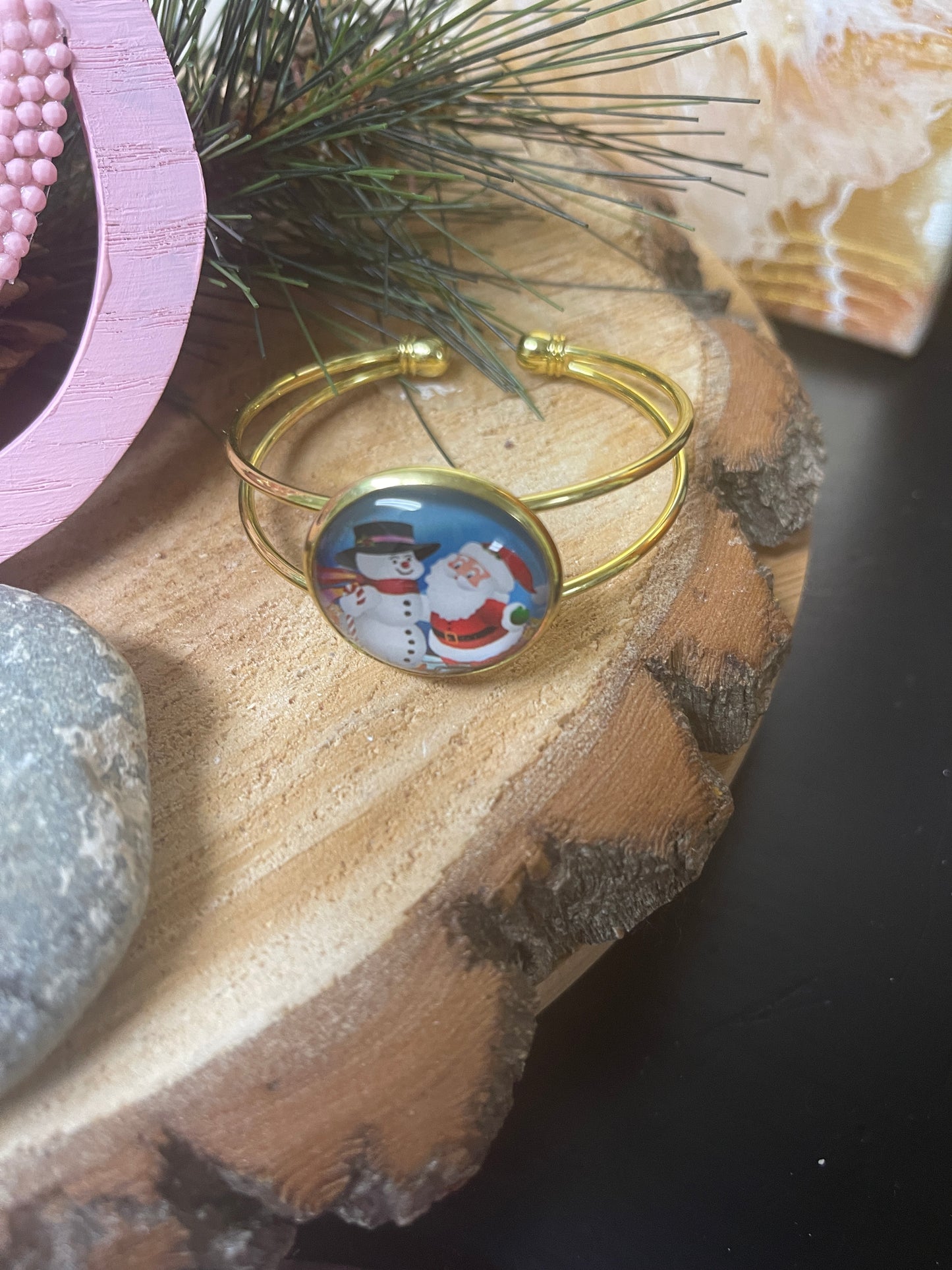 Santa & Frosty (BT211-Christmas4) on a Single Gold Bangle Cuff Bracelet
