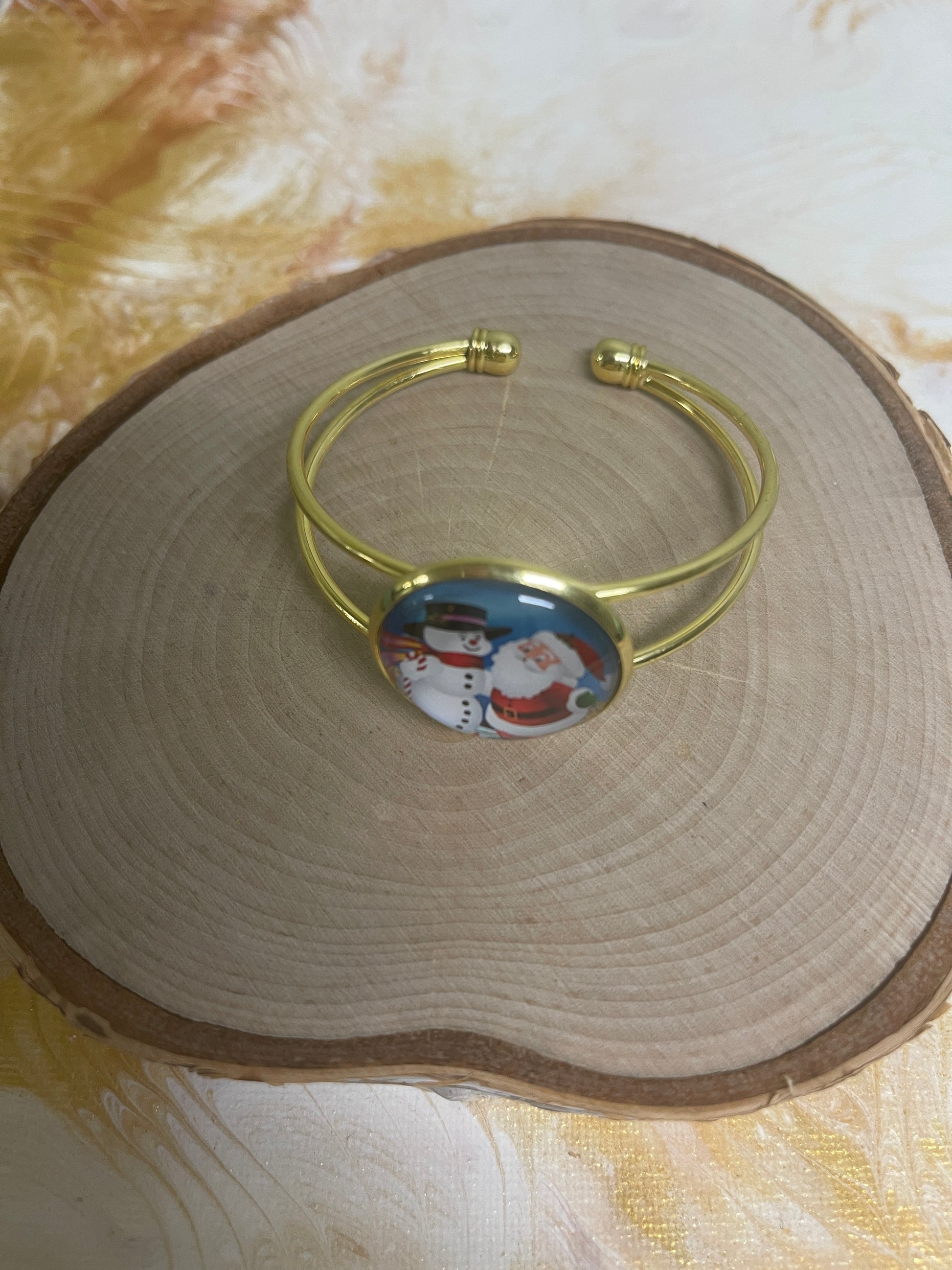 Santa &amp; Frosty on a Single Gold Bangle Cuff BraceletPink tiful of LOVE