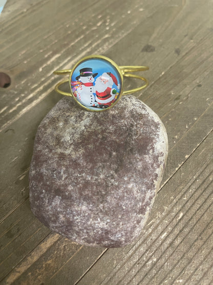 Santa &amp; Frosty on a Single Gold Bangle Cuff BraceletPink tiful of LOVE