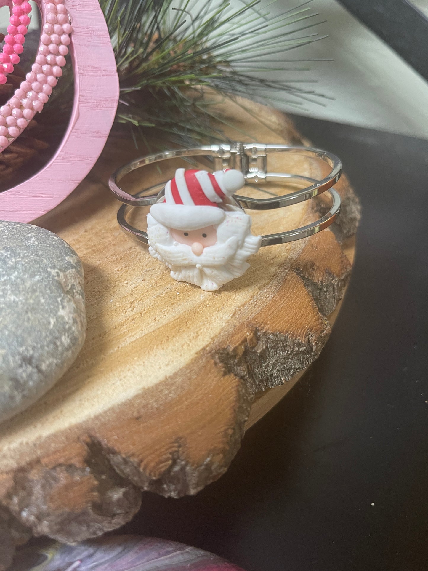 Santa on a silver hinged bracelet-Christmas Jewelry