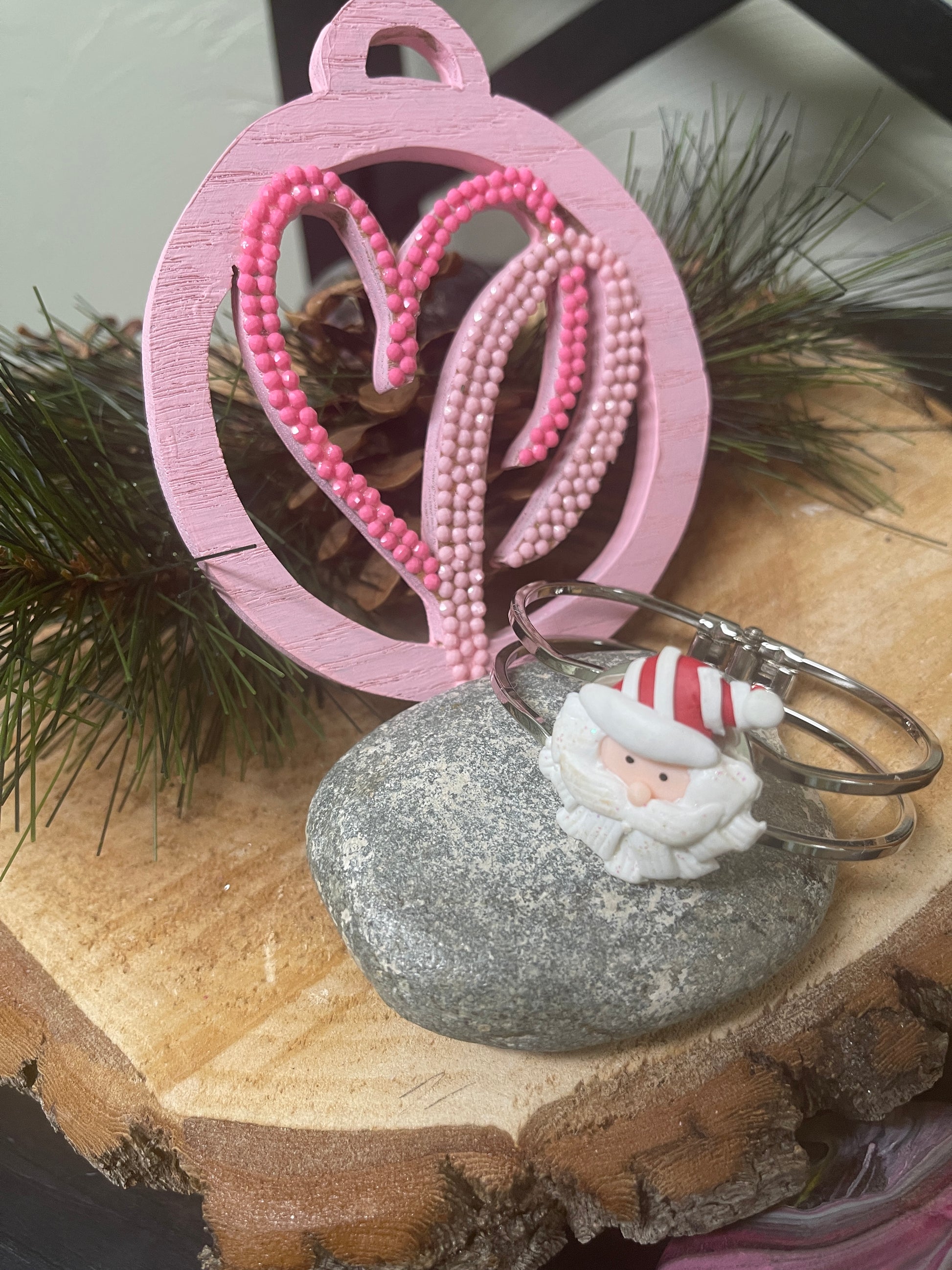 Santa on a silver hinged bracelet-Christmas JewelryPink tiful of LOVE
