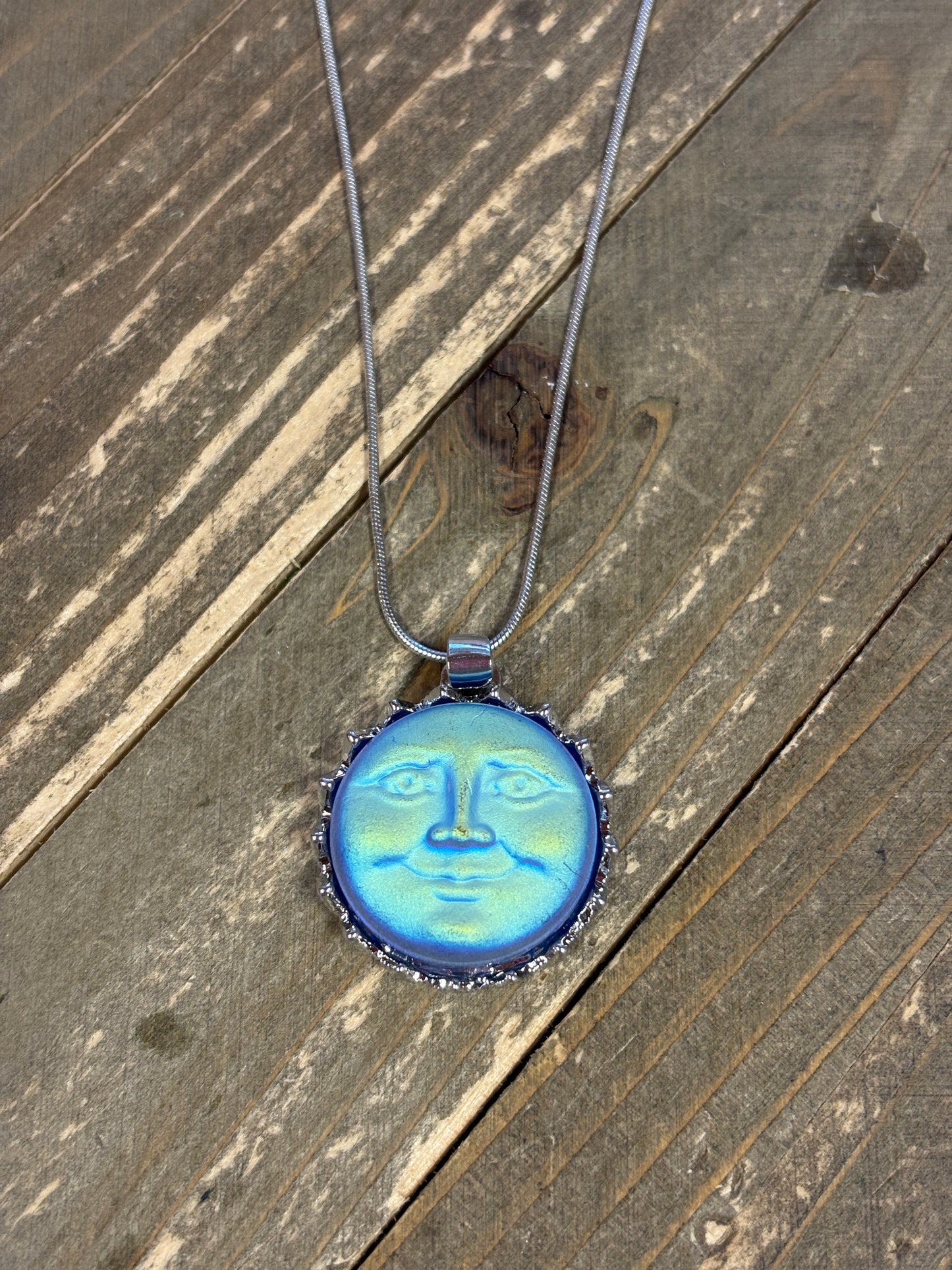 BLUE MOON FACE Pendant on a Silver chain Necklace