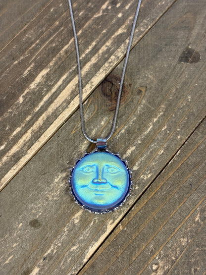BLUE MOON FACE Pendant on a Silver chain Necklace