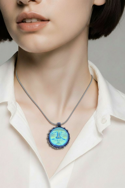 BLUE MOON FACE Pendant on a Silver chain Necklace