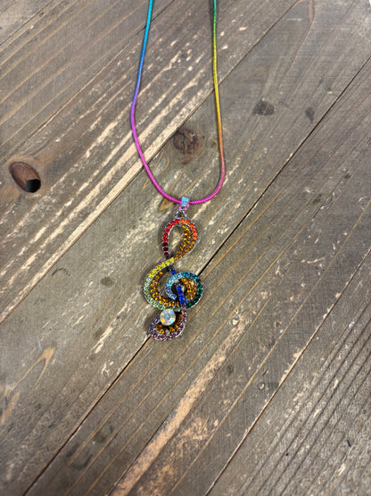 Rainbow Treble Clef Rhinestone Necklace – Colorful Music Lover’s Pendant